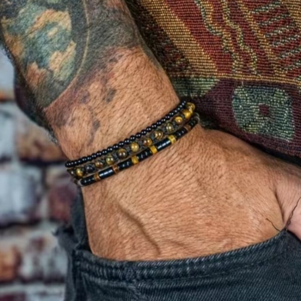 NEW Men's 3-In-One Tigers Eye & Natural Black Jasper Bracelet. Adjustable.